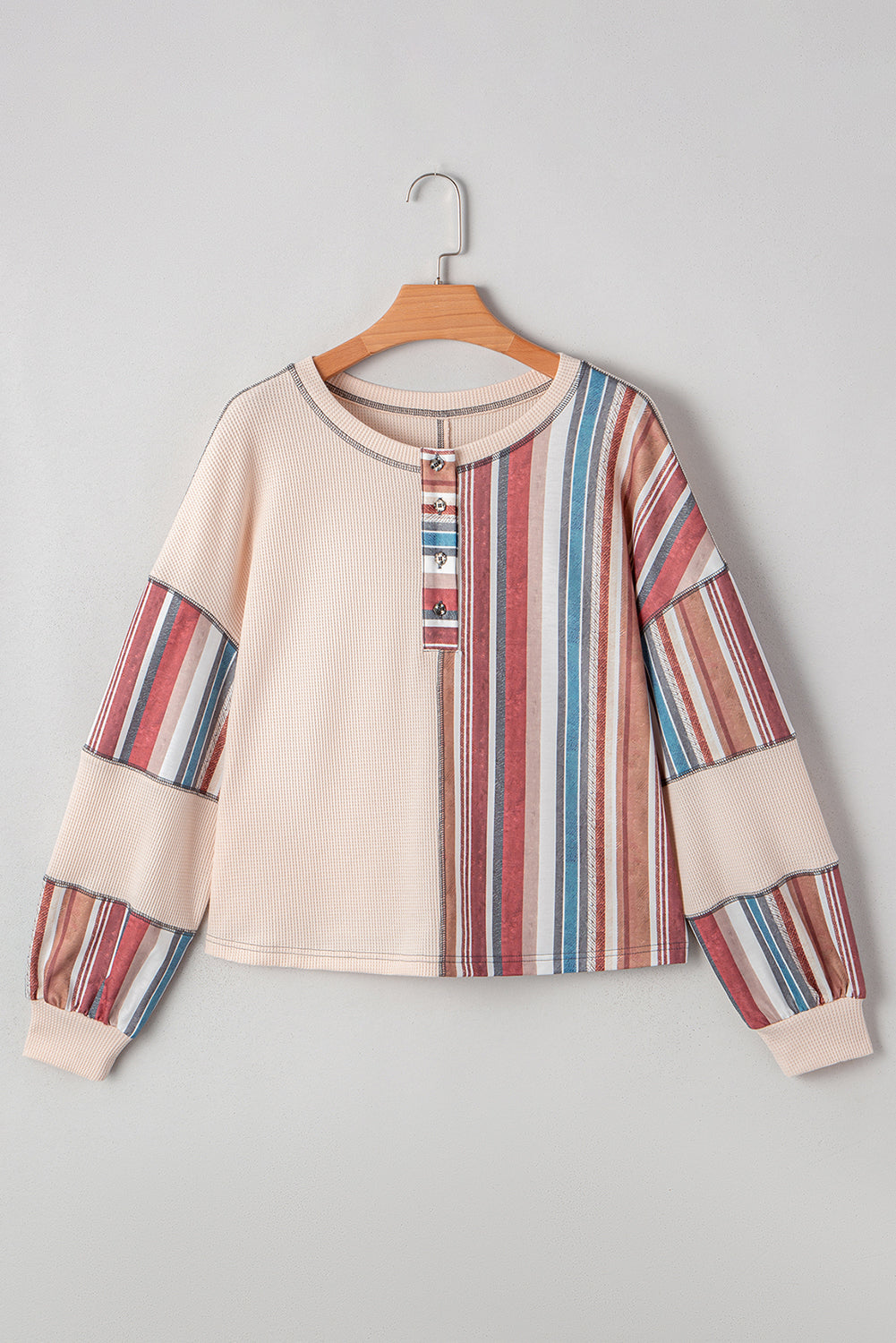 Beige Striped Waffle Patchwork Exposed Seam Raw Hem Knit Top 26b5b8a9bd2828d1