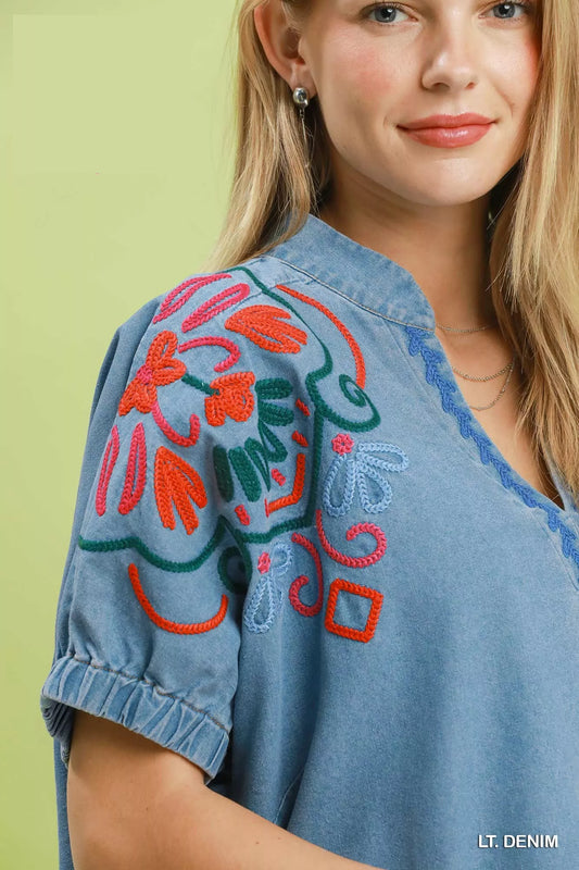 Embroidered Denim Puff Sleeve Top 26ba83fb-e468-4961-8b31-2319b3fcffd1-Max-Origin