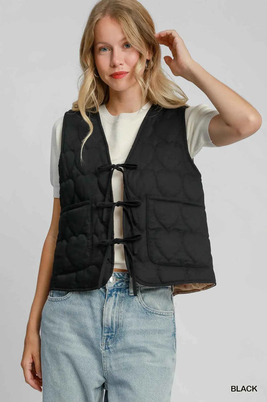 Umgee Heart Quilted Tie-Front Vest Black 26bfe95a-2a4b-49ed-8360-65550e73dfda-Max-Origin
