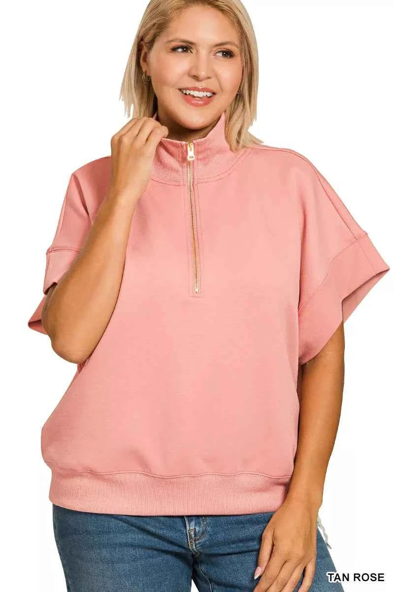 Zenana Full Size Scuba High Neck Half Zip Short Sleeve Top Plus Size 26c01060-d5ef-4790-b85d-46d758d5ba71-Max-Origin
