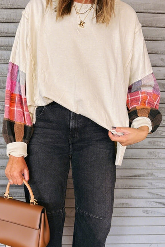 Beige Plaid Patchwork Long Sleeve Exposed Seam Loose Top 26c46198b36782fa