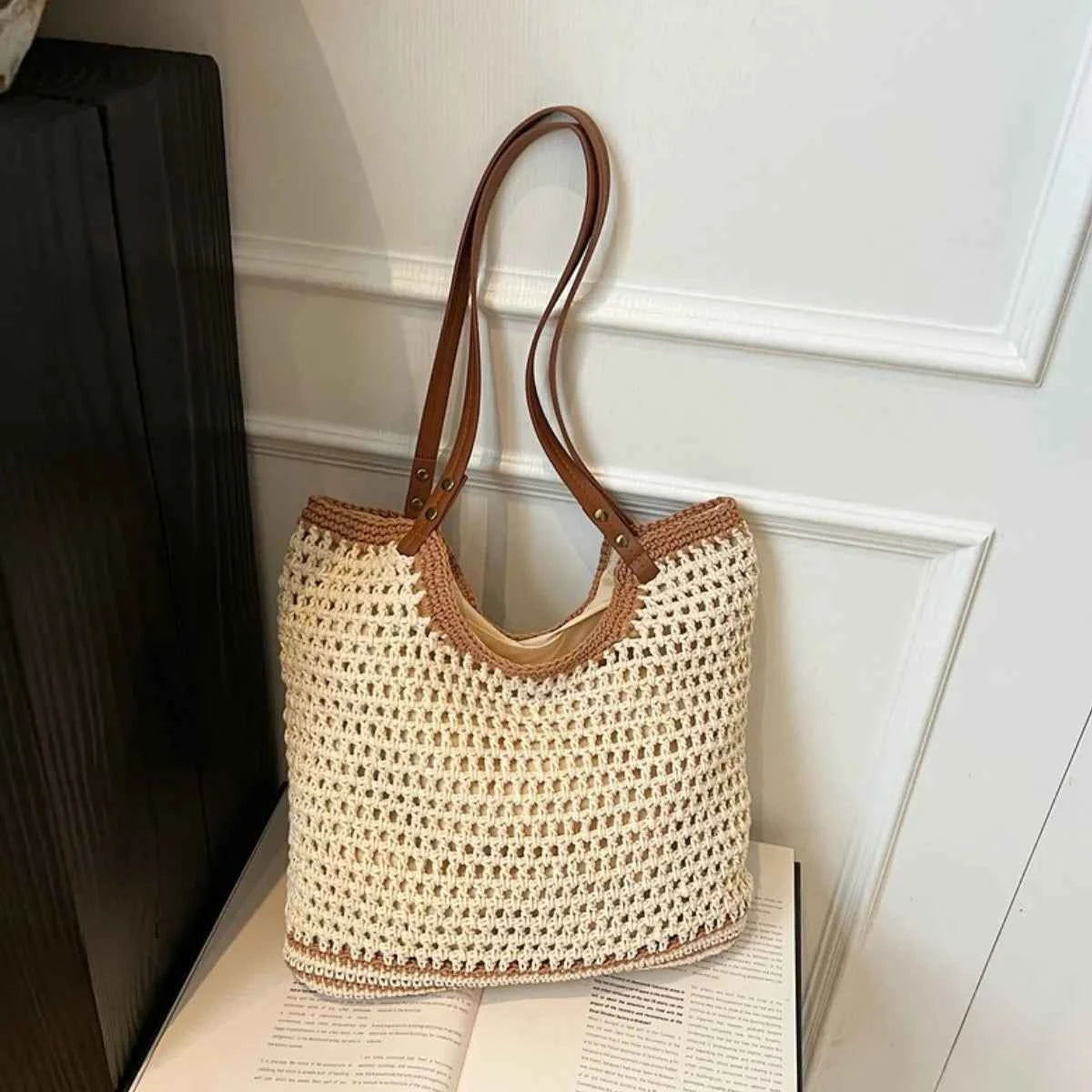 Crochet Tote Bag with Leather Handles Beige onesize 26c6cfa2-f06a-4363-9891-5051a5c52f95-Max-Origin