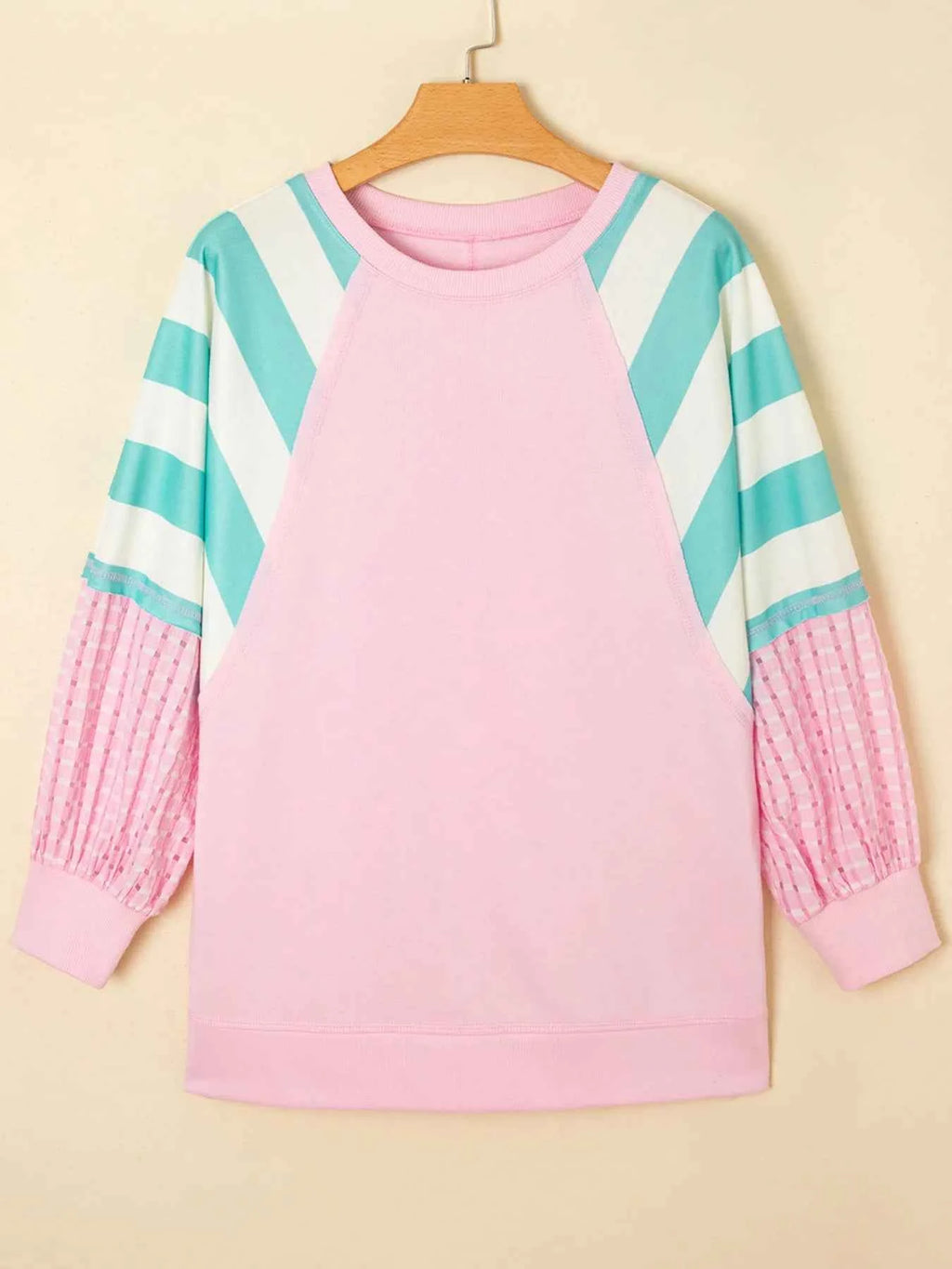 Striped Color Block Patchwork Raglan Sleeve Top with Slits 26ce38b073d74f4699634847a34400af-Max-Origin