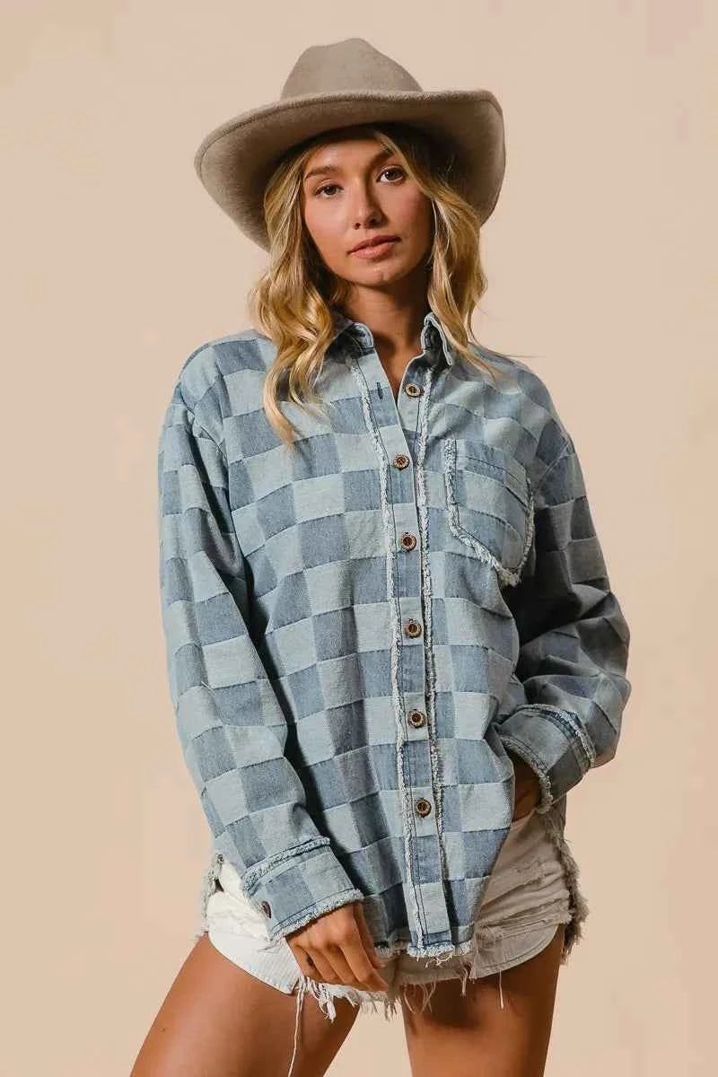 BiBi Frayed Edged Detail Washed Checker Denim Shirt 26d6674901d84cab8914e88b8a3fbc48-Max-Origin