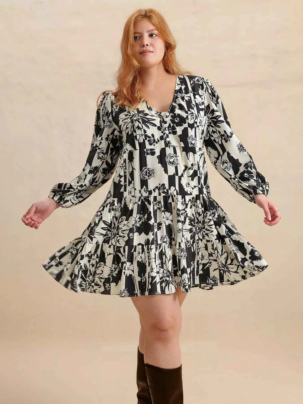 Plus Size Printed V-Neck Long Sleeve Mini Dress 26dd8bc2-1841-4193-bb9a-78c7b6959881-Max-Origin