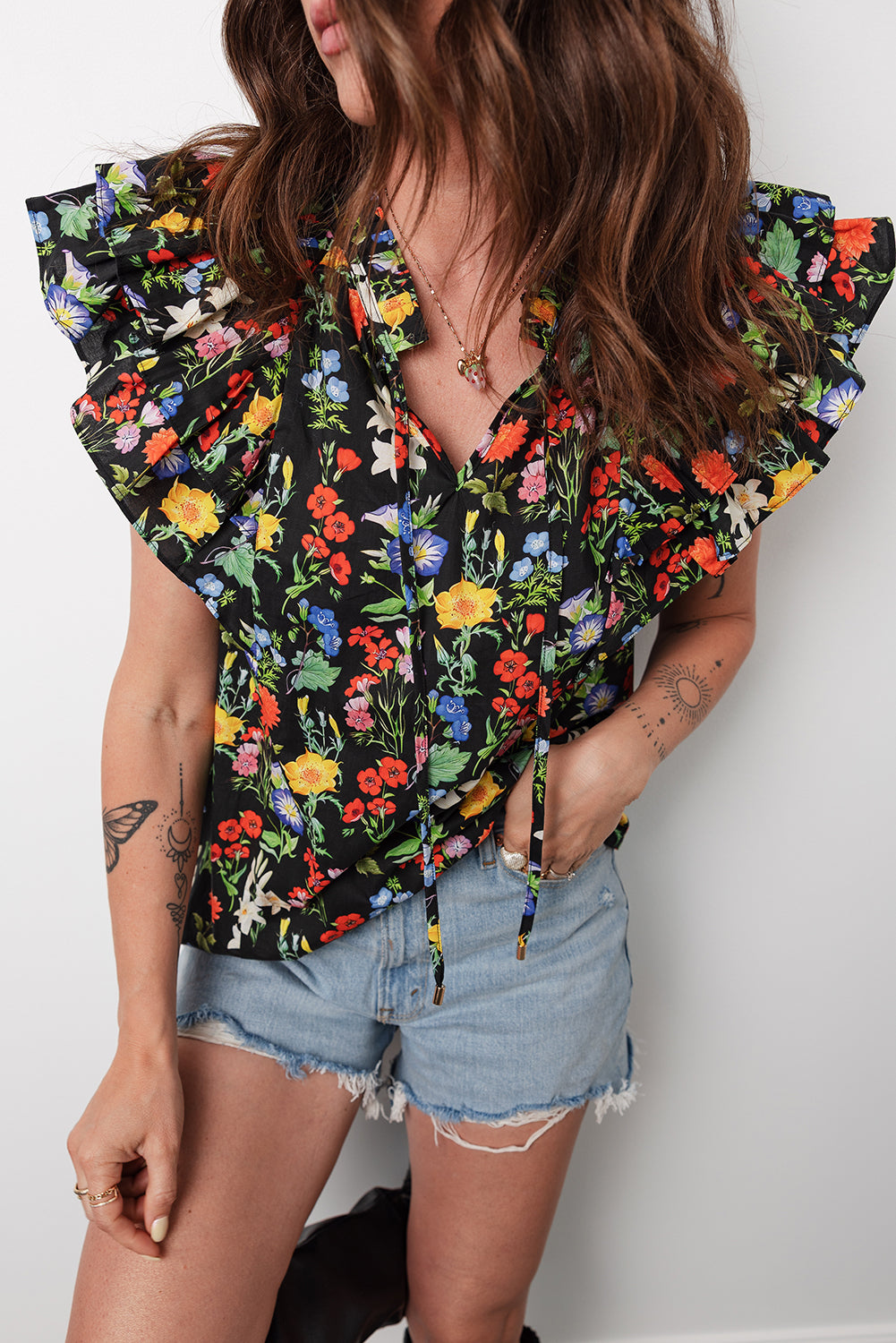 Black Tiered Flutter Sleeve V Neck Flower Blouse 26de55d7a338a3c8