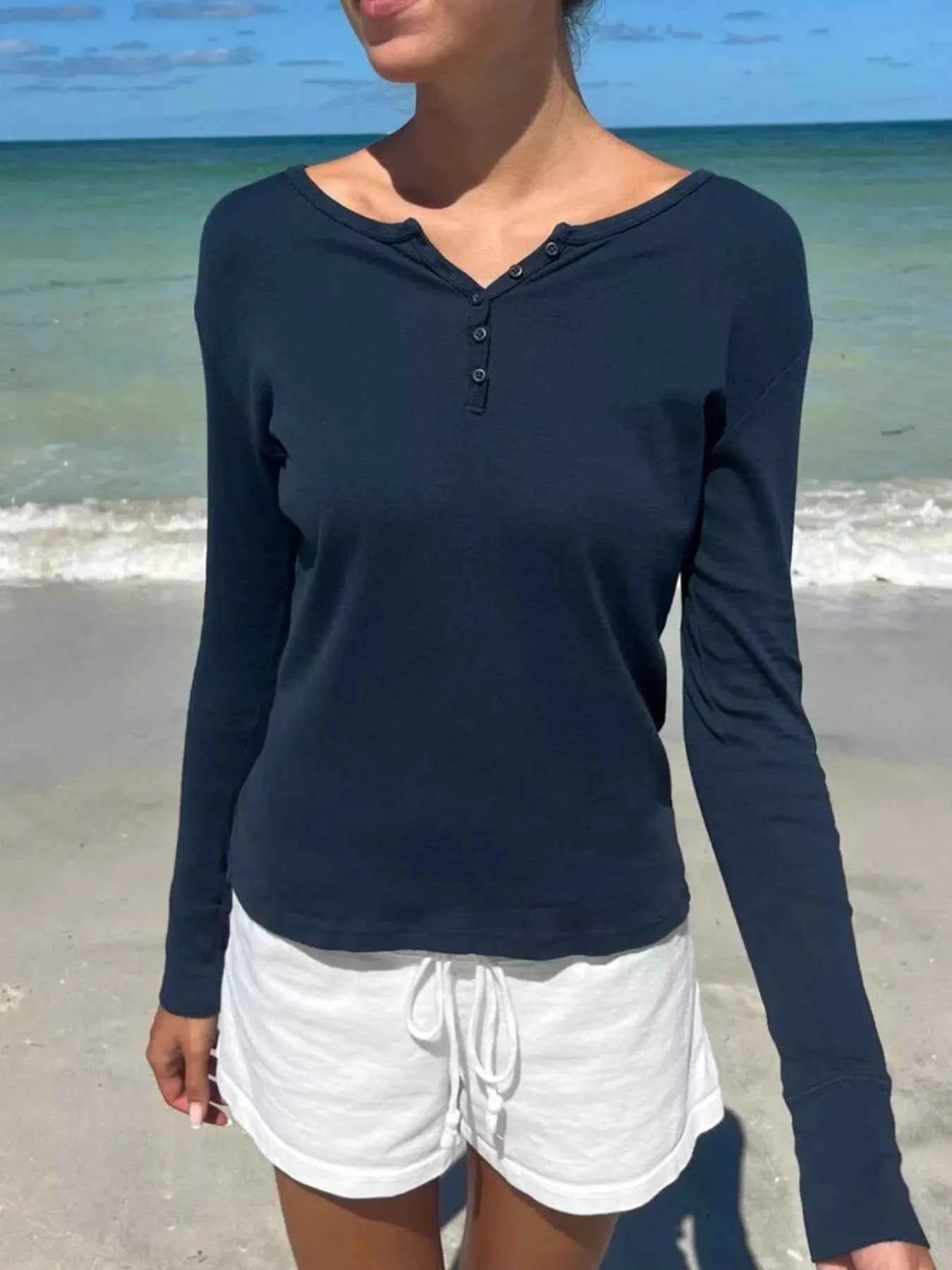 Striped Long Sleeve Henley T-Shirt Dark Blue 26e36ff0-a087-400d-9b7d-bdf6498d7644-Max-Origin