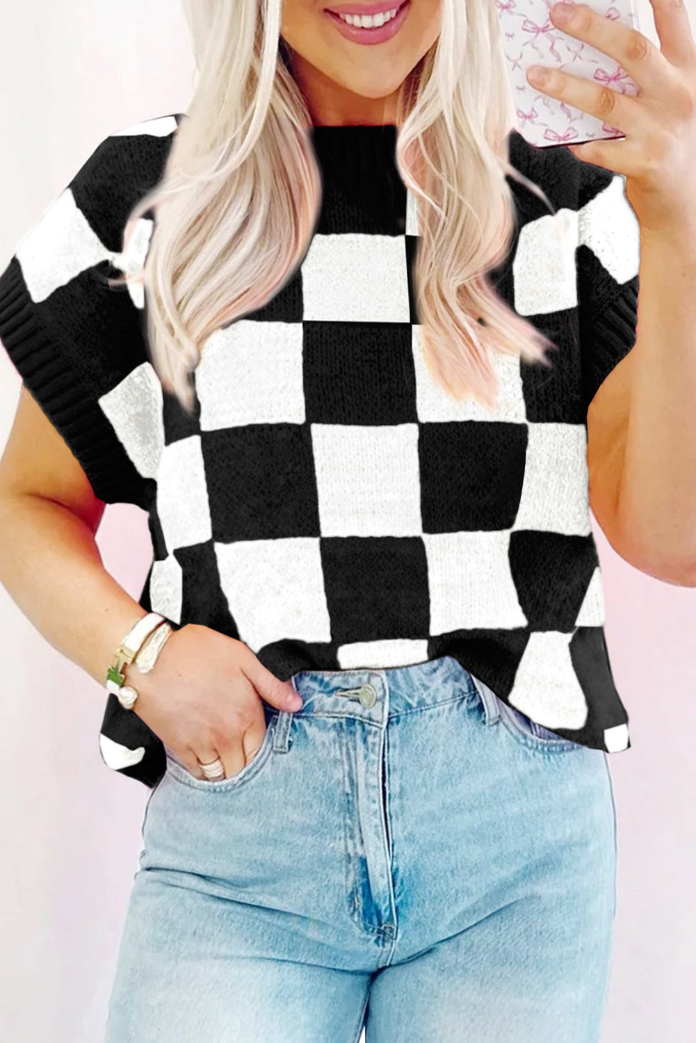 Light French Beige Checkered Knit Dolman Short Sleeve Sweater Color black 50%Viscose+28%Polyester+22%Polyamide 26e3bf7bfbbab860