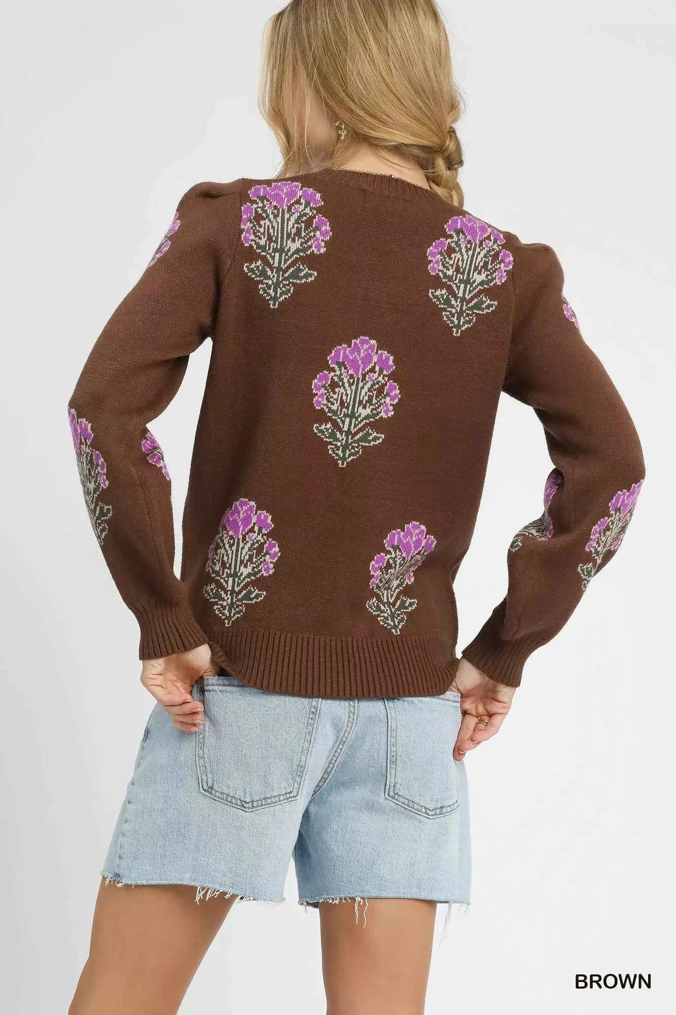 Umgee Single Flower Stem Jacquard Sweater 26e482e1-423f-4b1b-8524-27d4bcdc0607-Max-Origin