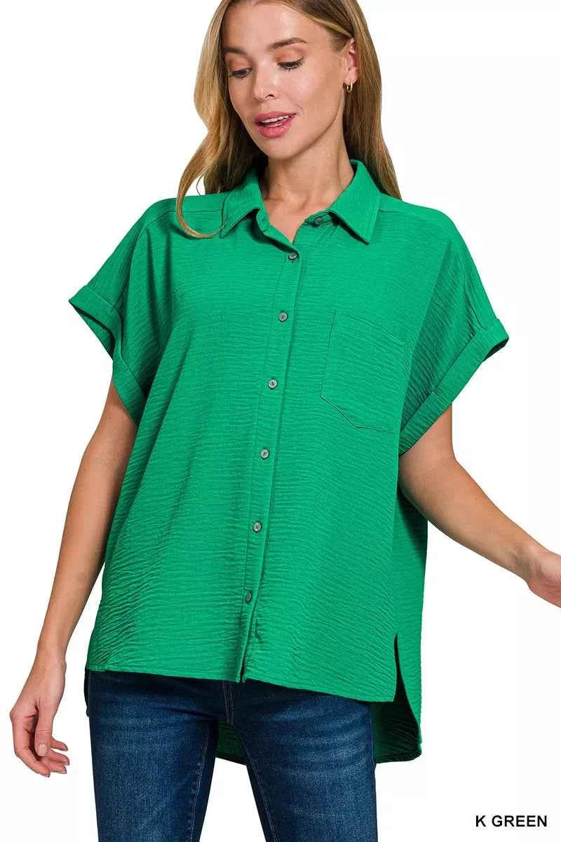 Zenana Woven Airflow Button Down Shirt K GREEN 26e8e258a3f5490e88fa01b8c4d8030f-Max-Origin