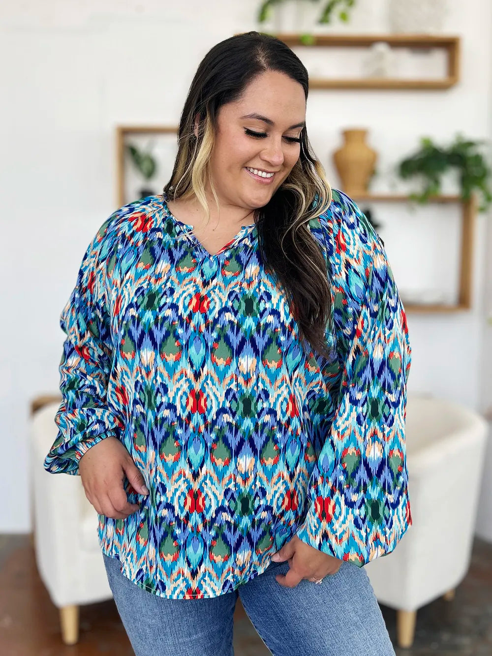 Double Take Full Size Printed Balloon Sleeve Blouse 26ea692c-f15f-4aee-b52e-662fb9893558-Max
