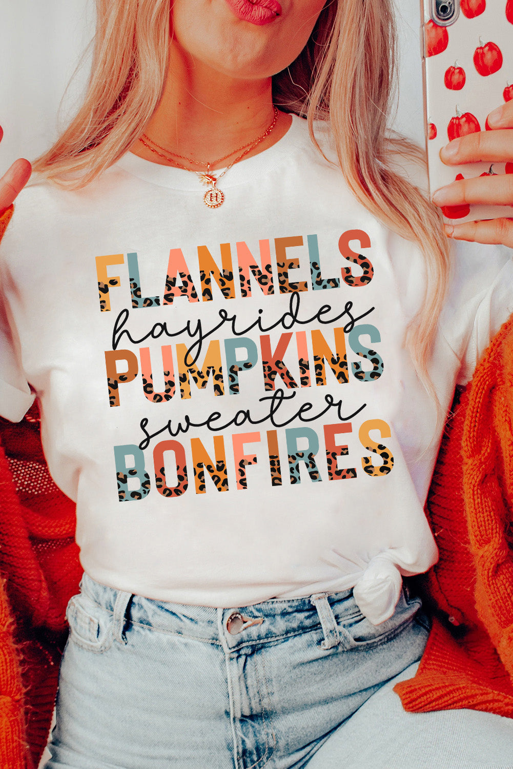White FLANNELS PUMPKINS BONFIRES Chic Letter Heat Transfer Printing Graphic Tee 26ea85214058ecb7