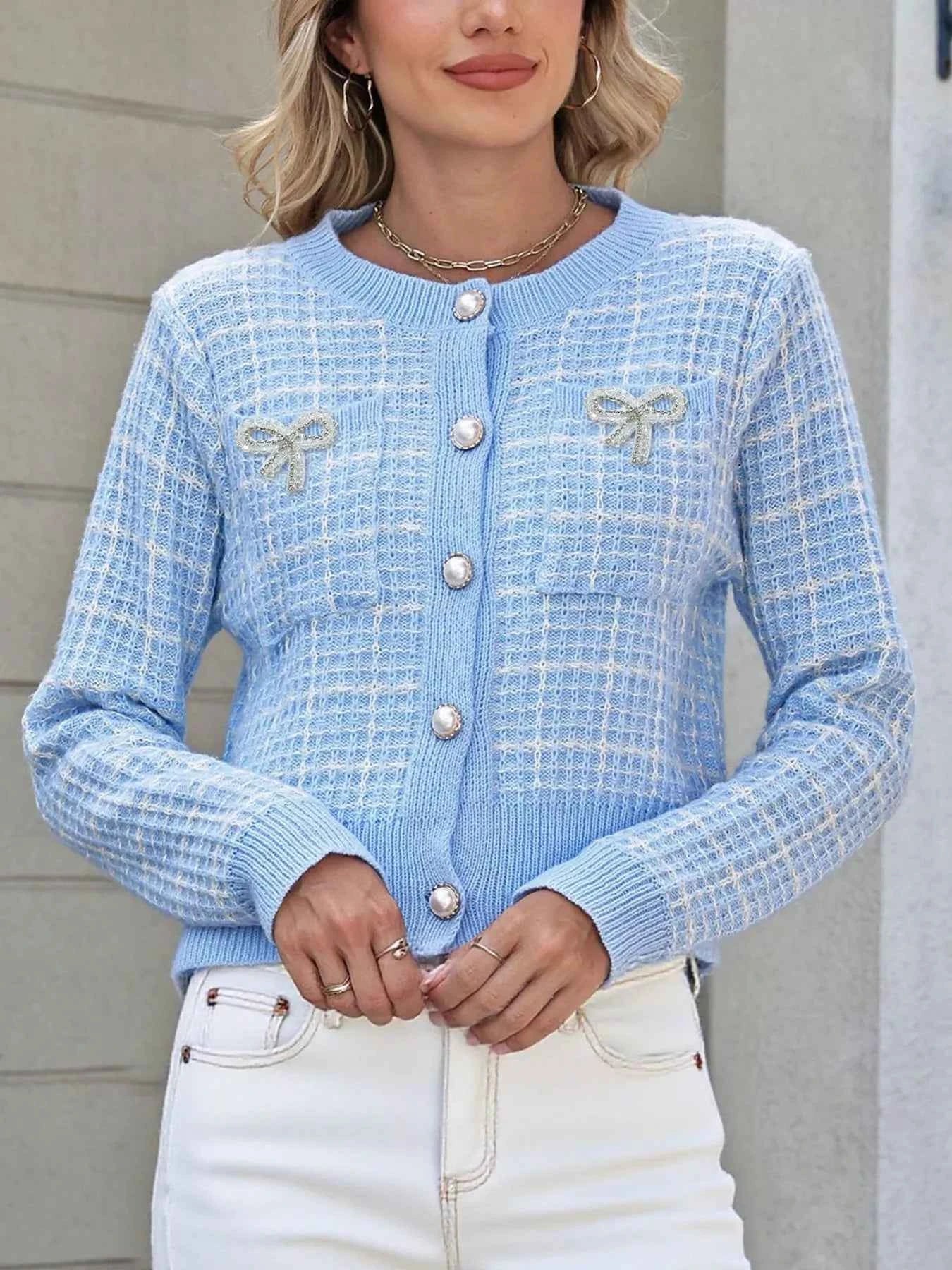 Bow Decor Button Up Cardigan Light Blue 26ec4bb6-05e1-4b36-9501-c73b6fcc3813-Max-Origin