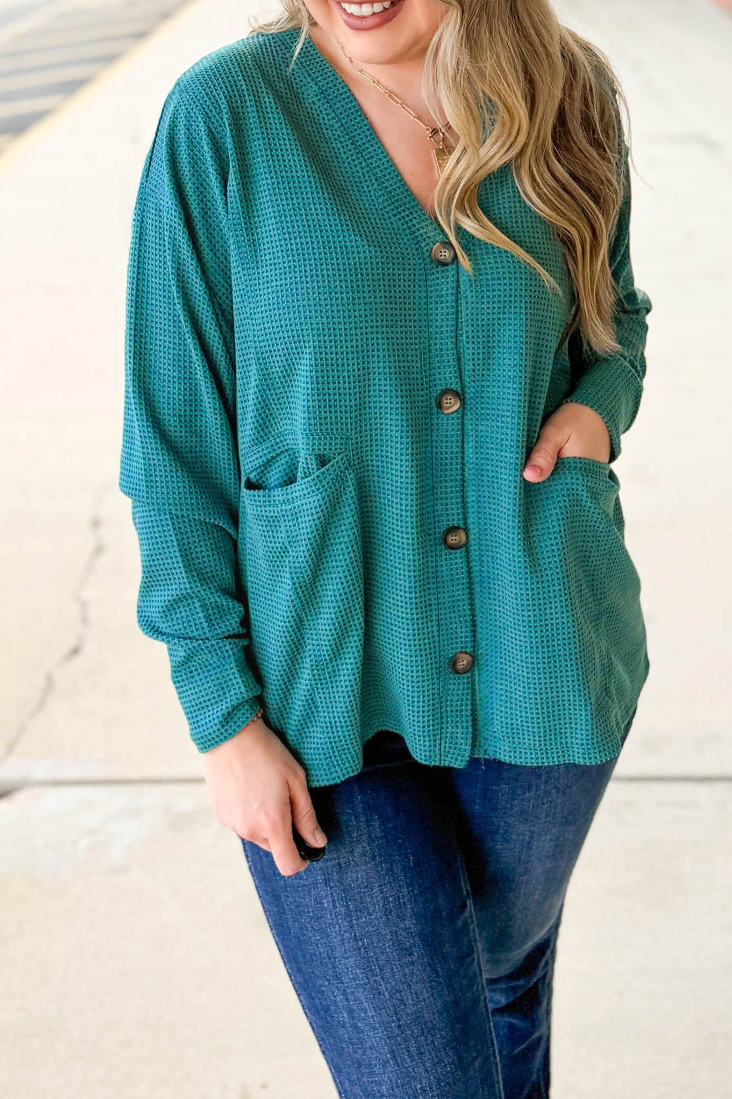 Lapis V Neck Waffle Textured Button Front Tunic Long Sleeve Plus Size Cardigan 26f7a063fba9783c