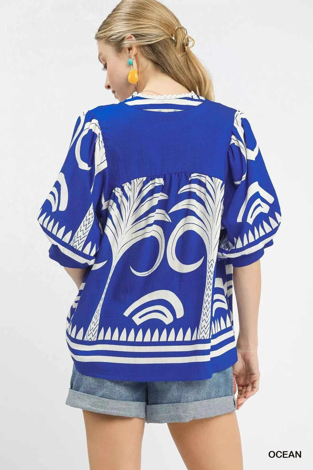 Umgee Folk Art Palm Print Puff Sleeve Blouse