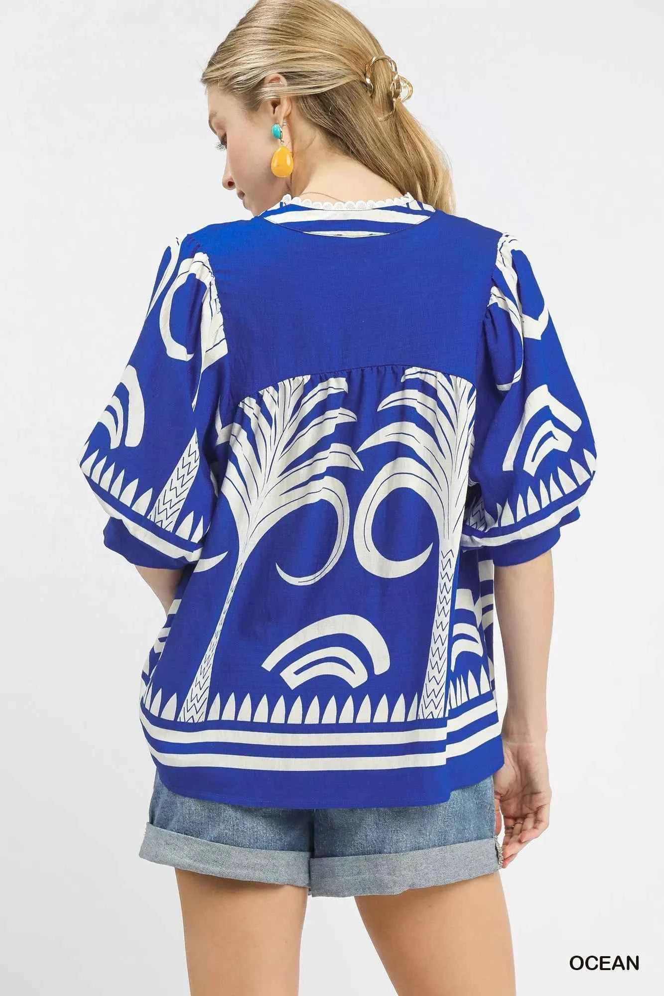 Umgee Folk Art Palm Print Puff Sleeve Blouse 26fab140-d428-42d9-ba29-f4f027b20b89-Max-Origin