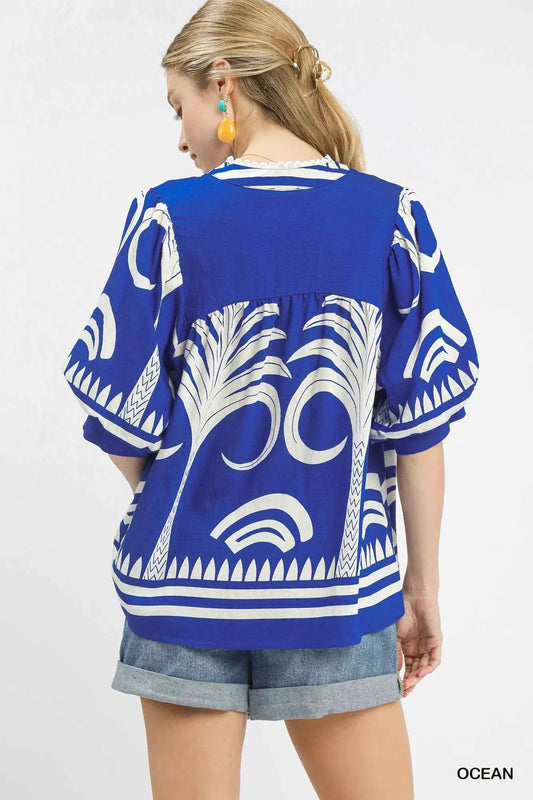Folk Art Palm Print Puff Sleeve Blouse 26fab140-d428-42d9-ba29-f4f027b20b89-Max-Origin