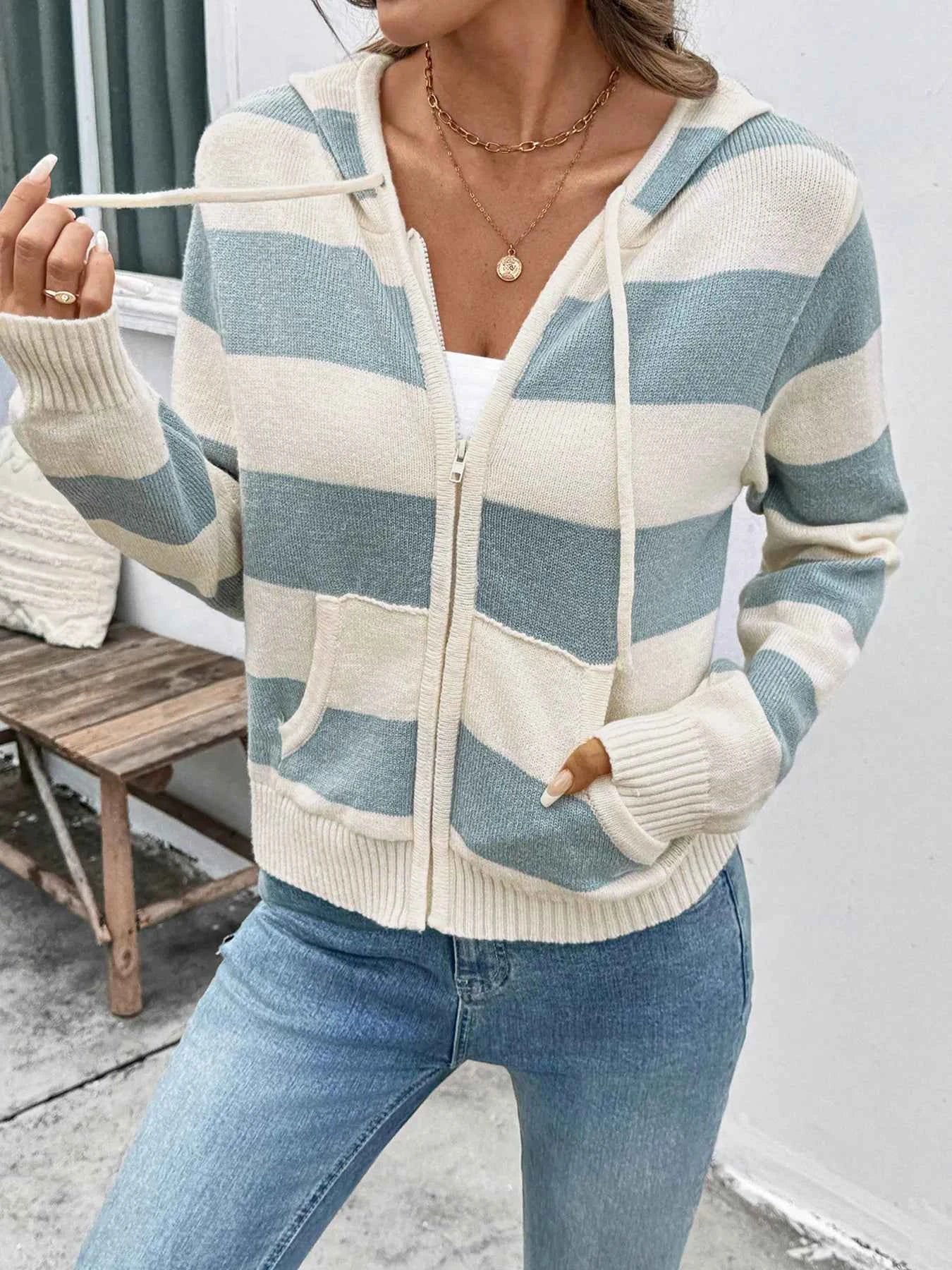 Drawstring Zip Up Striped Cardigan