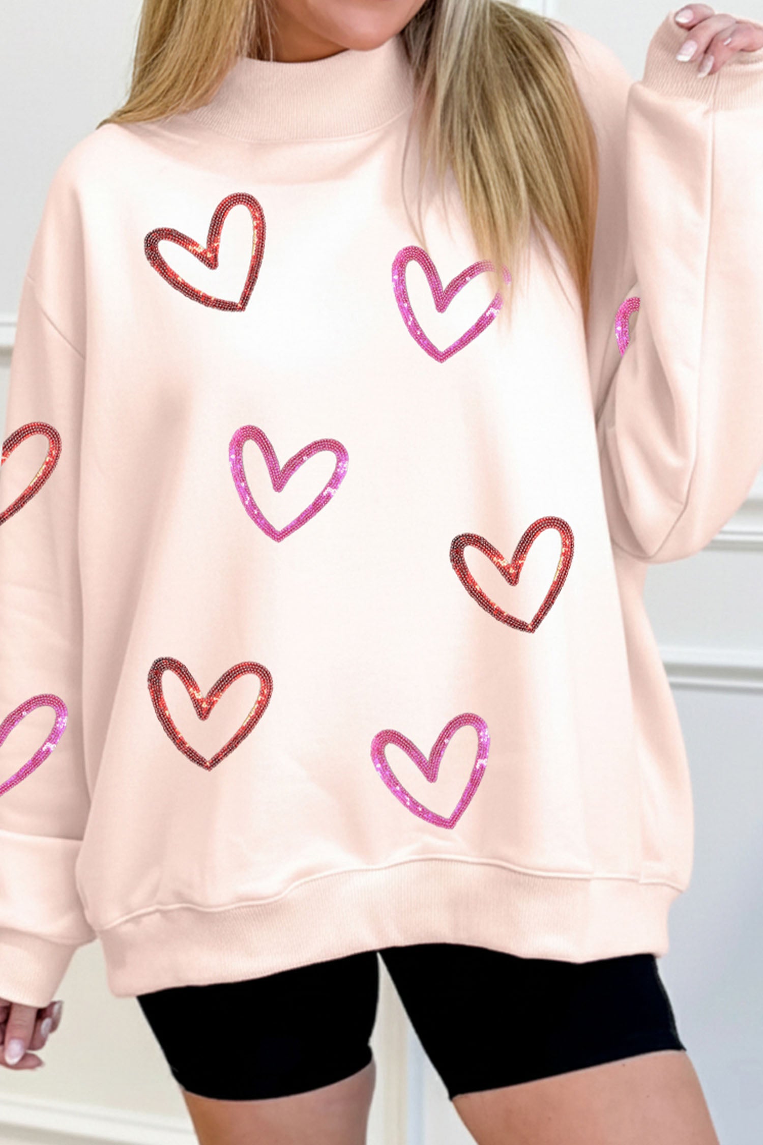 Apricot Pink Sequin Heart Sketch Patched Mock Neck Sweatshirt 26ffa505c3445d65