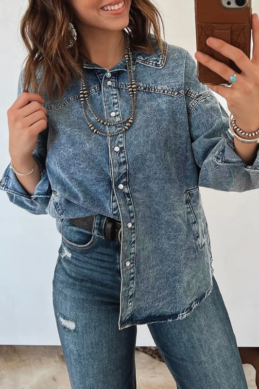 Dusk Blue Western Long Sleeve Shirt Collar Tunic Denim Jacket Dusk Blue 74.7%Cotton+16.5%Polyester+8.8%Regenerated Fibre 2700f81438d12b6b