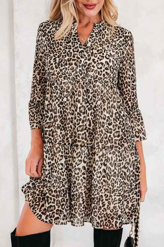 Leopard 3/4 Sleeve V-Neck Dress 2701f063-7eb5-4771-babb-4e37de2c946d