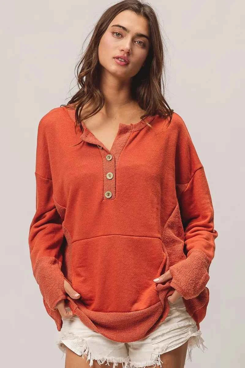 French Terry Knit Side Block Buttoned Henley Top RUST 2705e1d53eb54677a9549b04651af3b1-Max-Origin