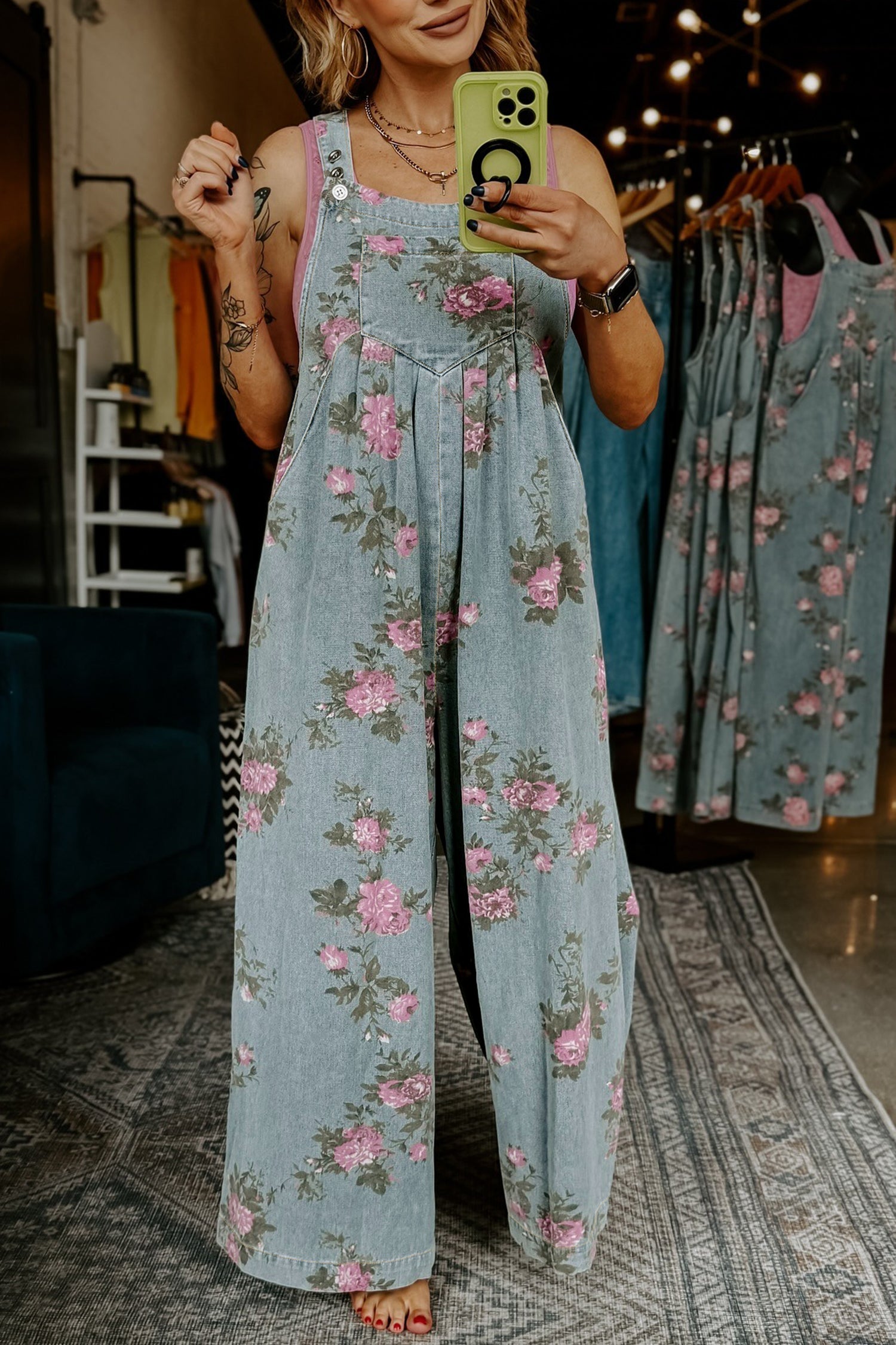 Beau Blue Floral Print Pleated High Waist Wide Leg Denim Jumpsuit Beau Blue 50%Polyester+50%Cotton 2708615faf986494