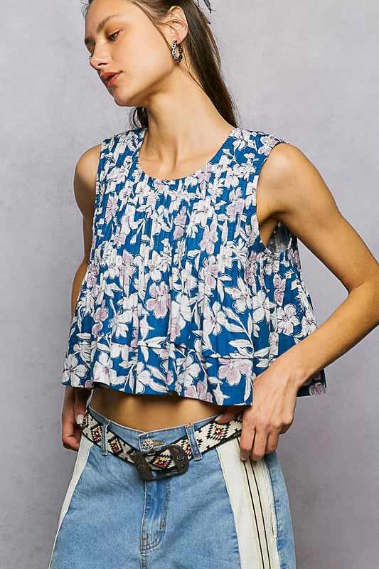Floral Round Neck Cropped Pintuck Tank 270bfbc0-985c-4bda-9467-f9f22de65e73-Max-Origin