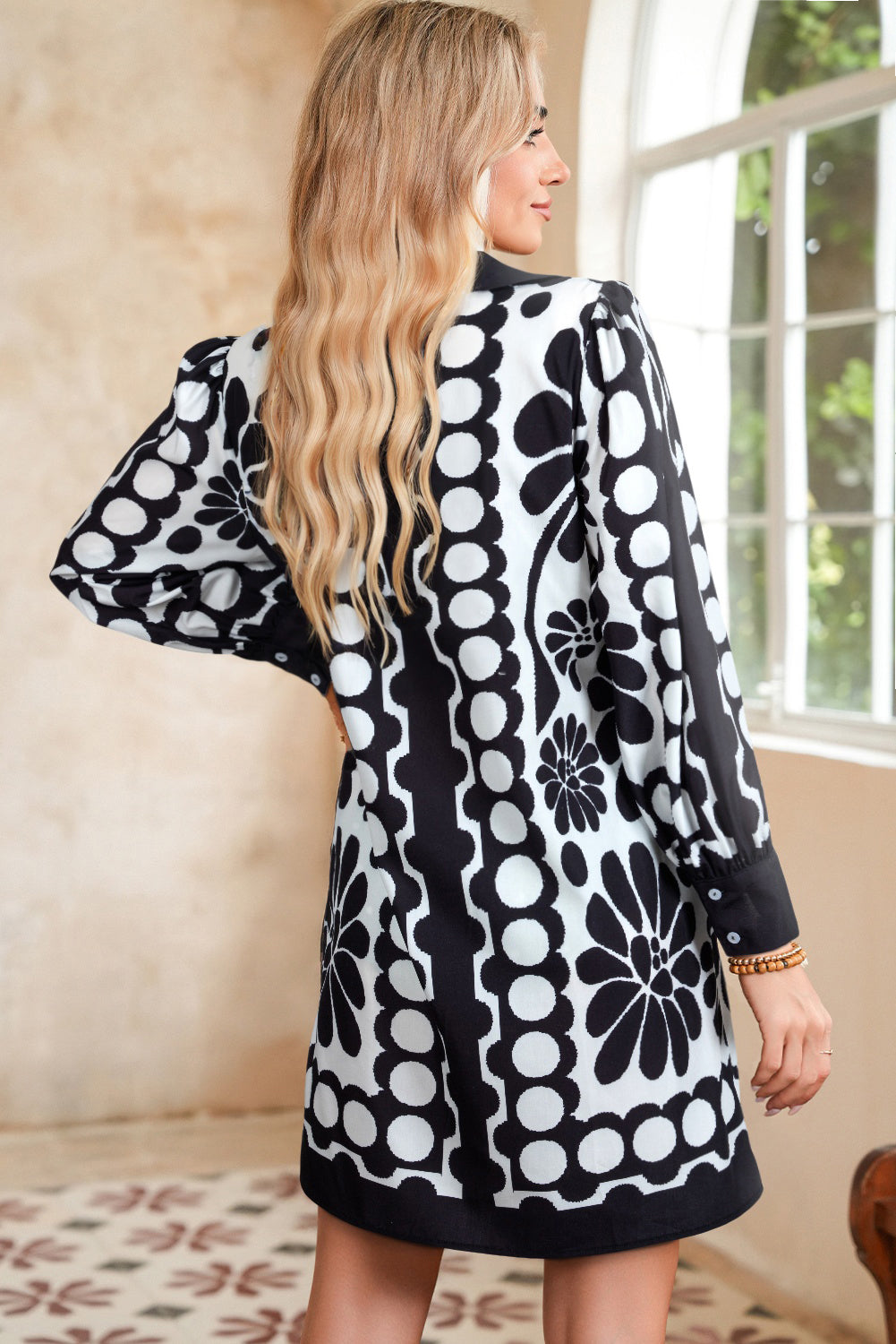 Black Abstract Print V Neck Puff Sleeve Mini Dress 270c60b6b73f4817