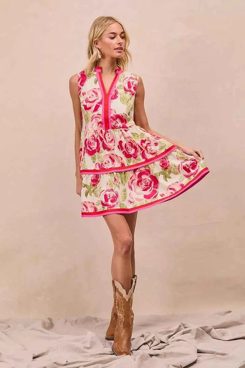 BiBi Floral Woven Contrast Edge Tiered Ruffle Mini Dress 27100b8e1466477c8e77c4d0a7f55640-Max-Origin