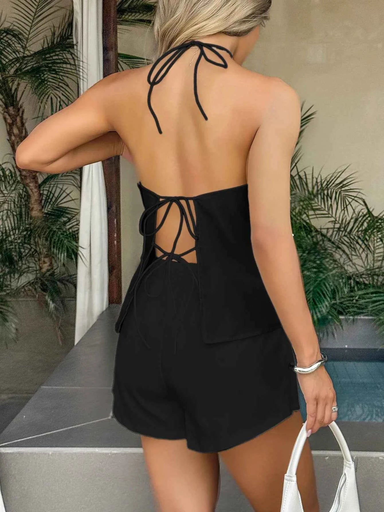 Tied Front Halter Neck Cami and Shorts Set 2712307a-a576-4a49-94ca-2f05807fcccf-Max-Origin