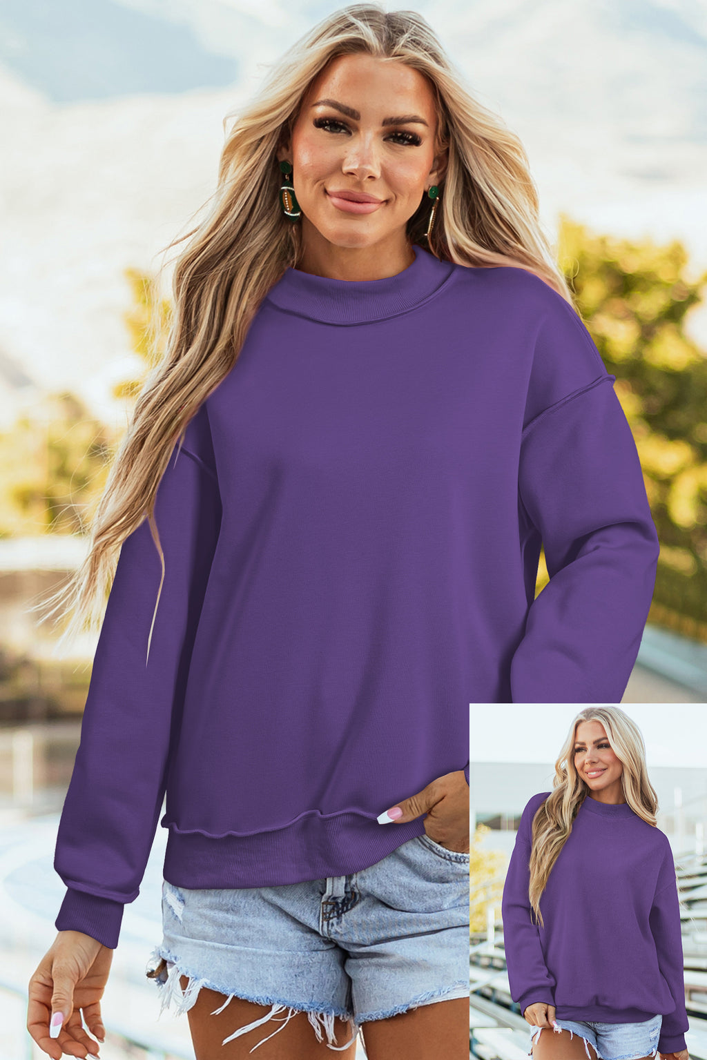 Tillandsia Purple Oversize Drop Shoulder Reversible Mock Neck Sweatshirt Tillandsia Purple 65%Polyester+35%Cotton 2713bcabcfa8e300