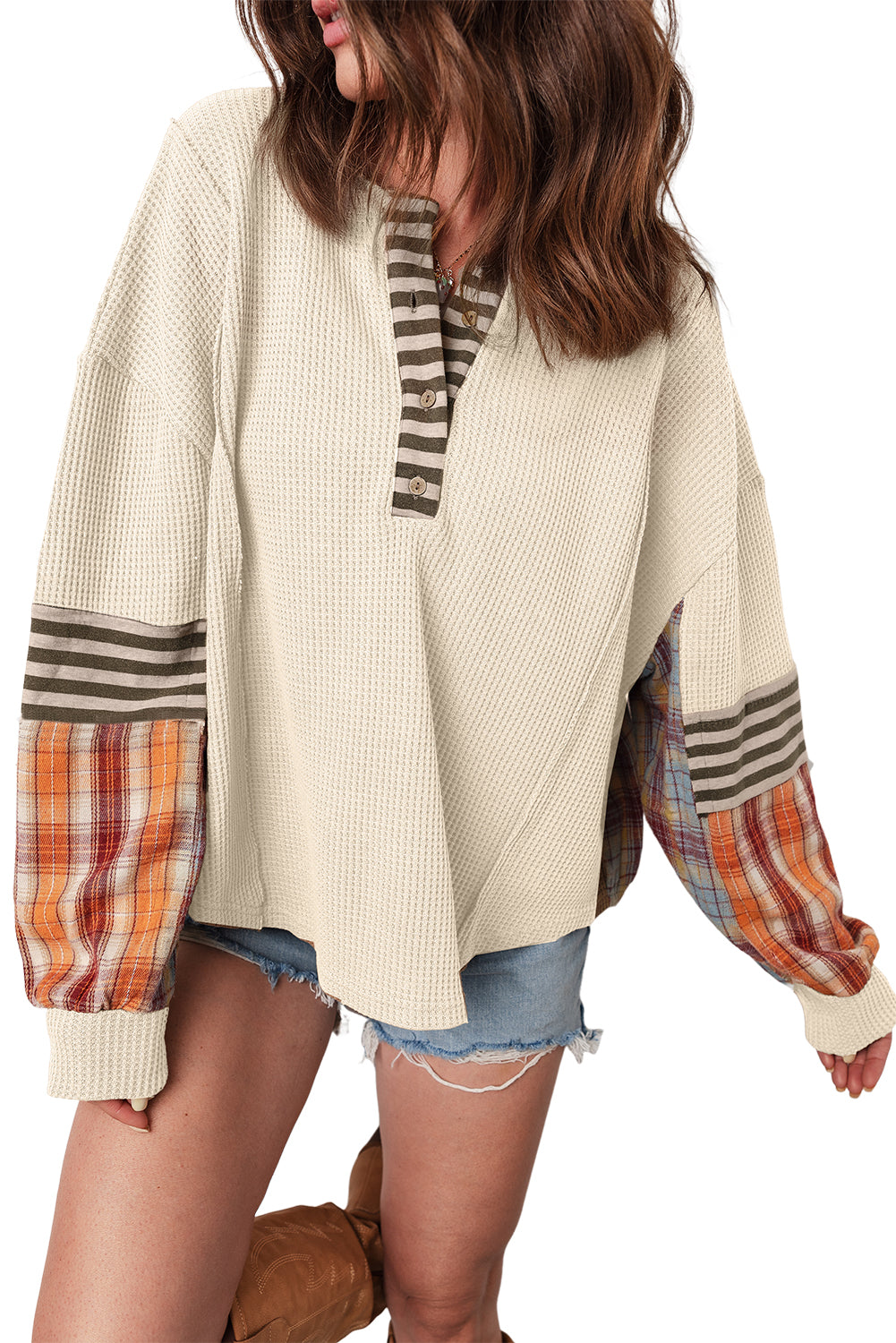 Straw Yellow Waffle Stripe Plaid Patchwork Henley Top 2717eecd08c83141