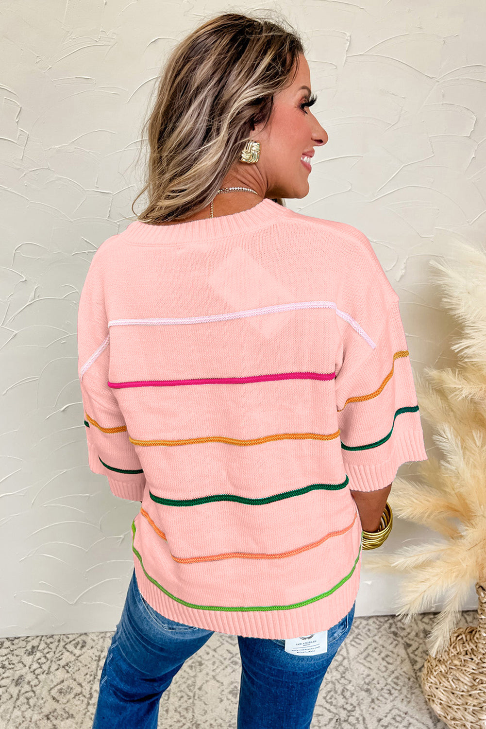 Orchid Petal Striped Half Sleeve Drop Shoulder Sweater 272559184977a771