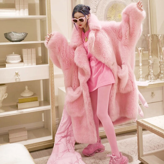 Lautaro Winter Long Oversized Pink Thick Warm Soft Shaggy Fluffy Faux Fur Coat Women Pockets Lapel Loose Sweet Cute Fashion