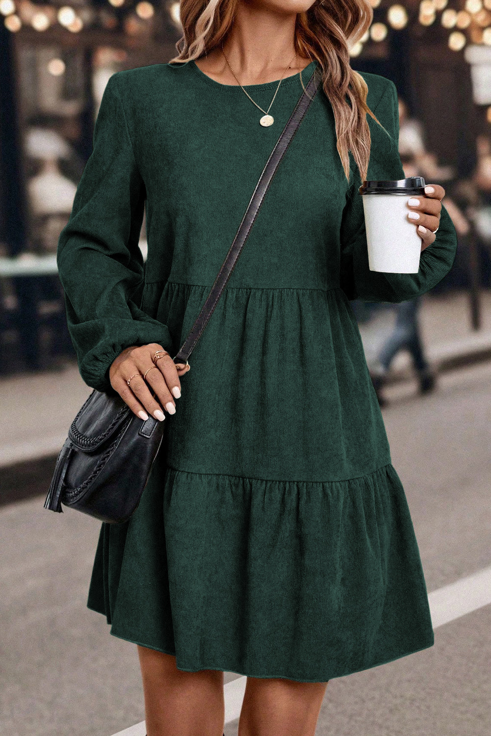 Dark Brown Lantern Sleeve Tiered Mini Dress Mist Green 100%Polyester 272d1876ba48f62a