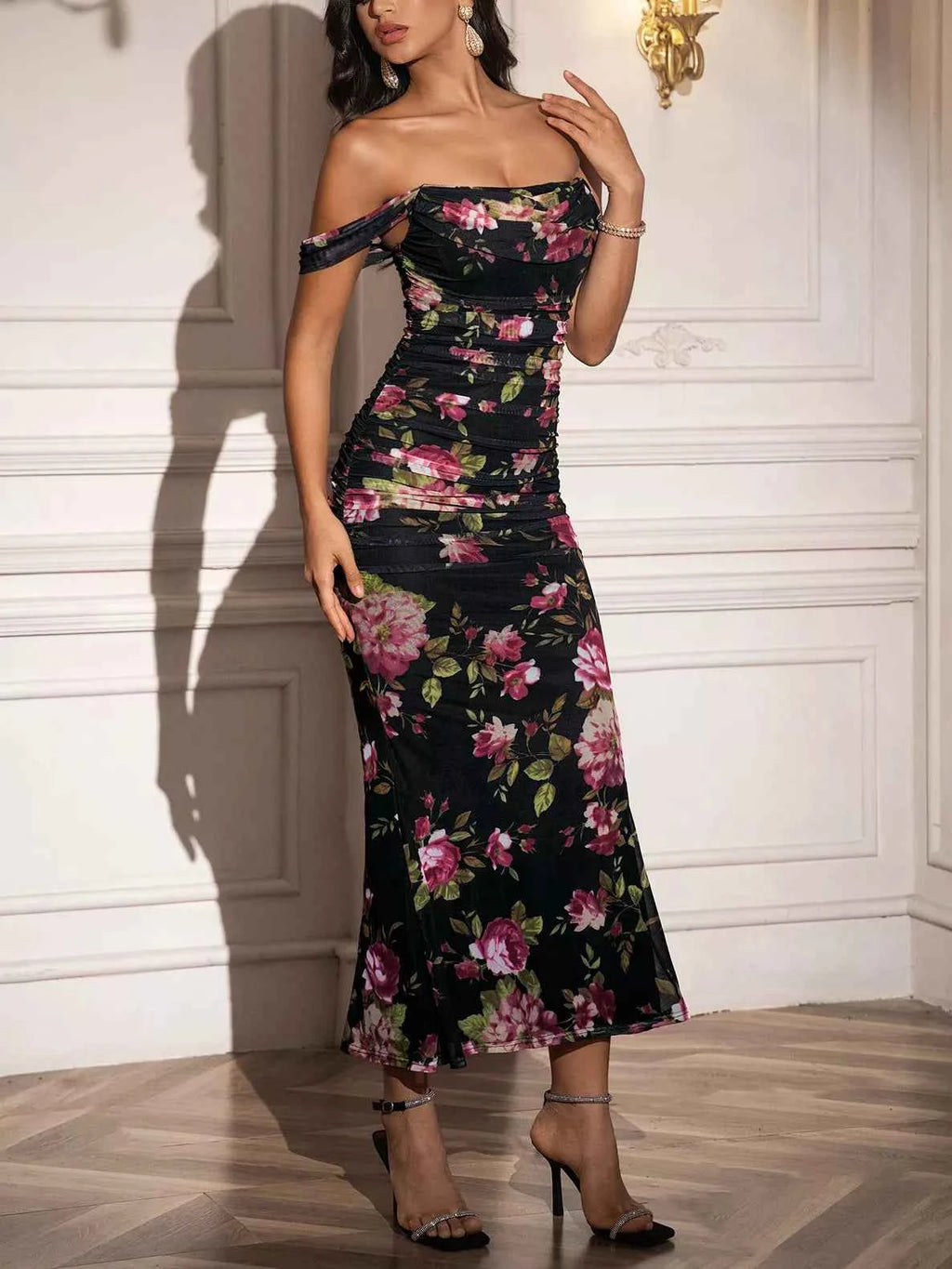Off-Shoulder Ruched Floral Mermaid Dress 27315c9e-3a83-4aea-b922-8a3cf2c91c73-Max-Origin
