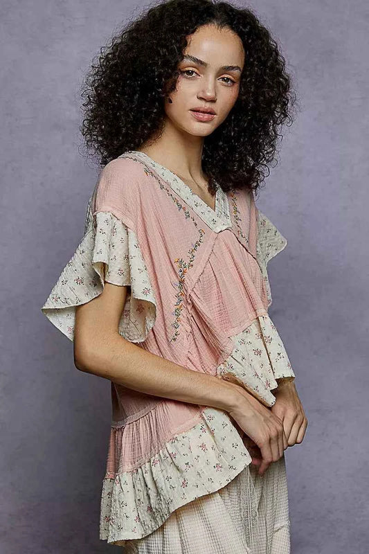 Floral V-Neck Short Sleeve Ruffled Double Gauze Blouse with Embroidery Detail 273160b9-a4b6-4b5b-9ed6-995eb208b9a6-Max-Origin