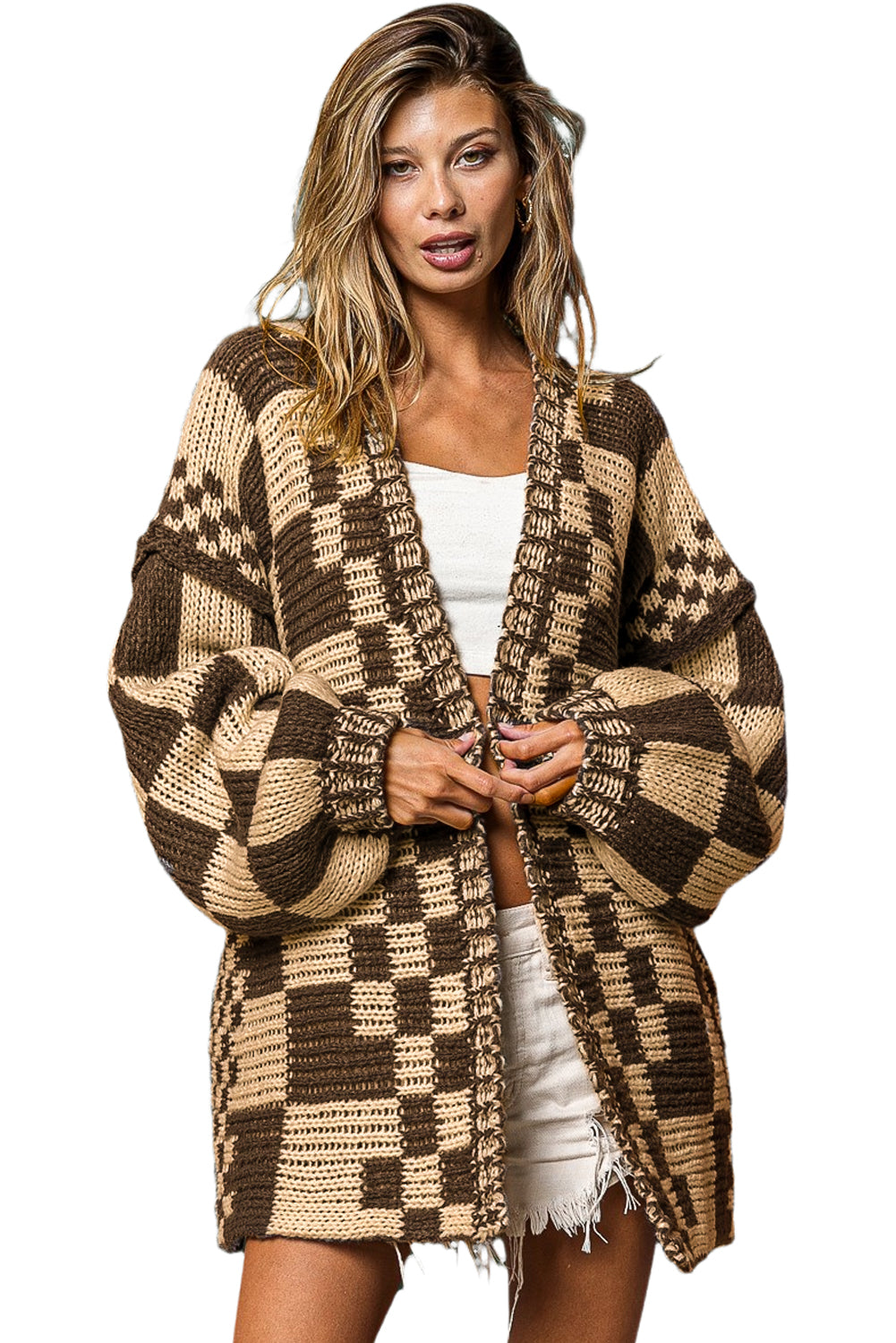 Dark Grey Colorblock Checked Loose Fit Open Front Knitted Cardigan 2733af62cac17aaf