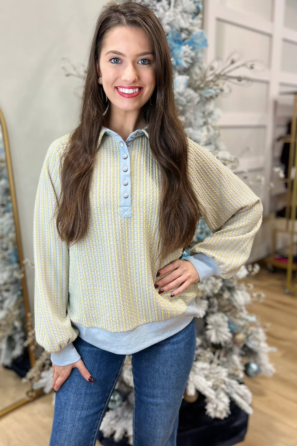 Beau Blue Striped Henley Collar Textured Sweatshirt 273ccf097c6a1b7d