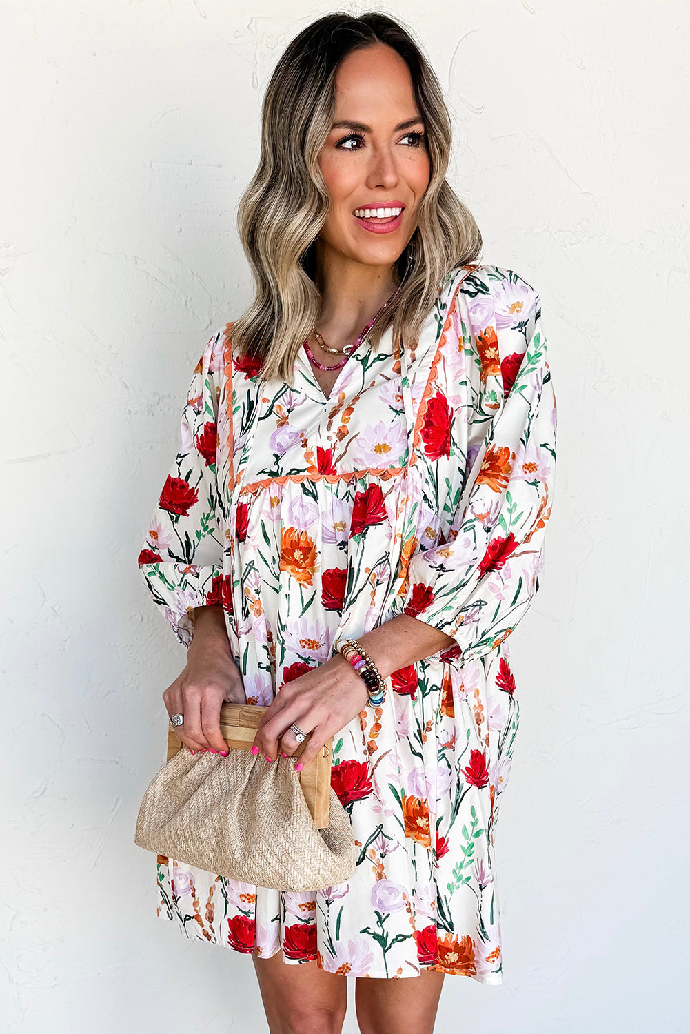 Beige Floral Print 3/4 Puff Sleeve Ricrac Trim Mini Dress 27403b682cc6808b