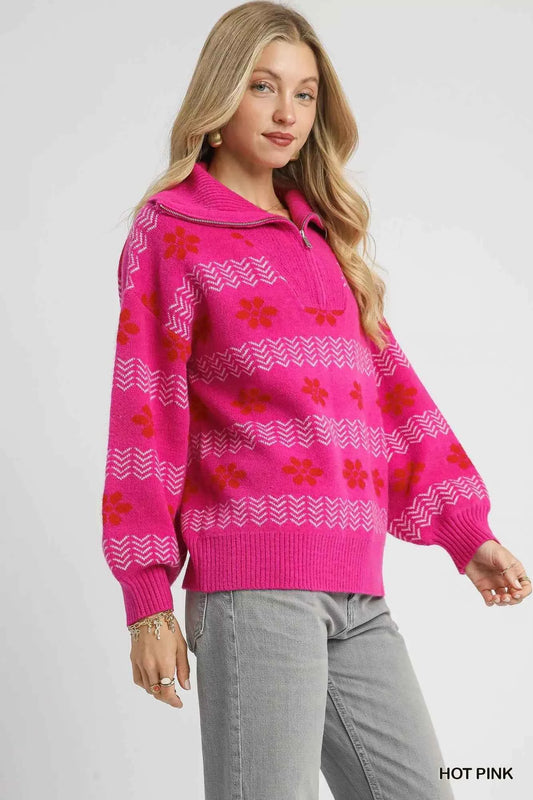 Floral Patterned Jacquard Quarter-Zip Pullover Sweater 274345af-46cb-4014-9f76-969a3eeedf17-Max-Origin