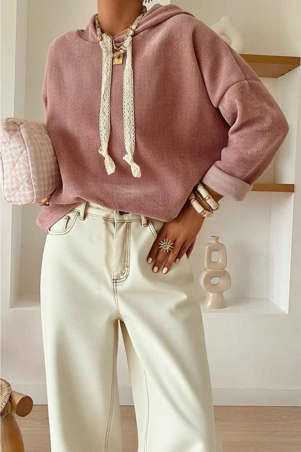 Parchment Thermal Textured Leopard Drawstring Baggy Hoodie Rose Tan 42.5%Polyester+40%Viscose+16%Polyamide+1.5%Elastane 274c653fd1dc6ab4