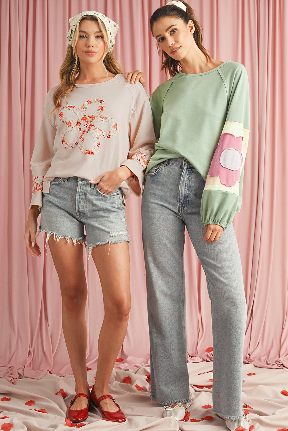 Beige Flower Exposed Seam Patchwork Loose Top 27505607a9e39a9a