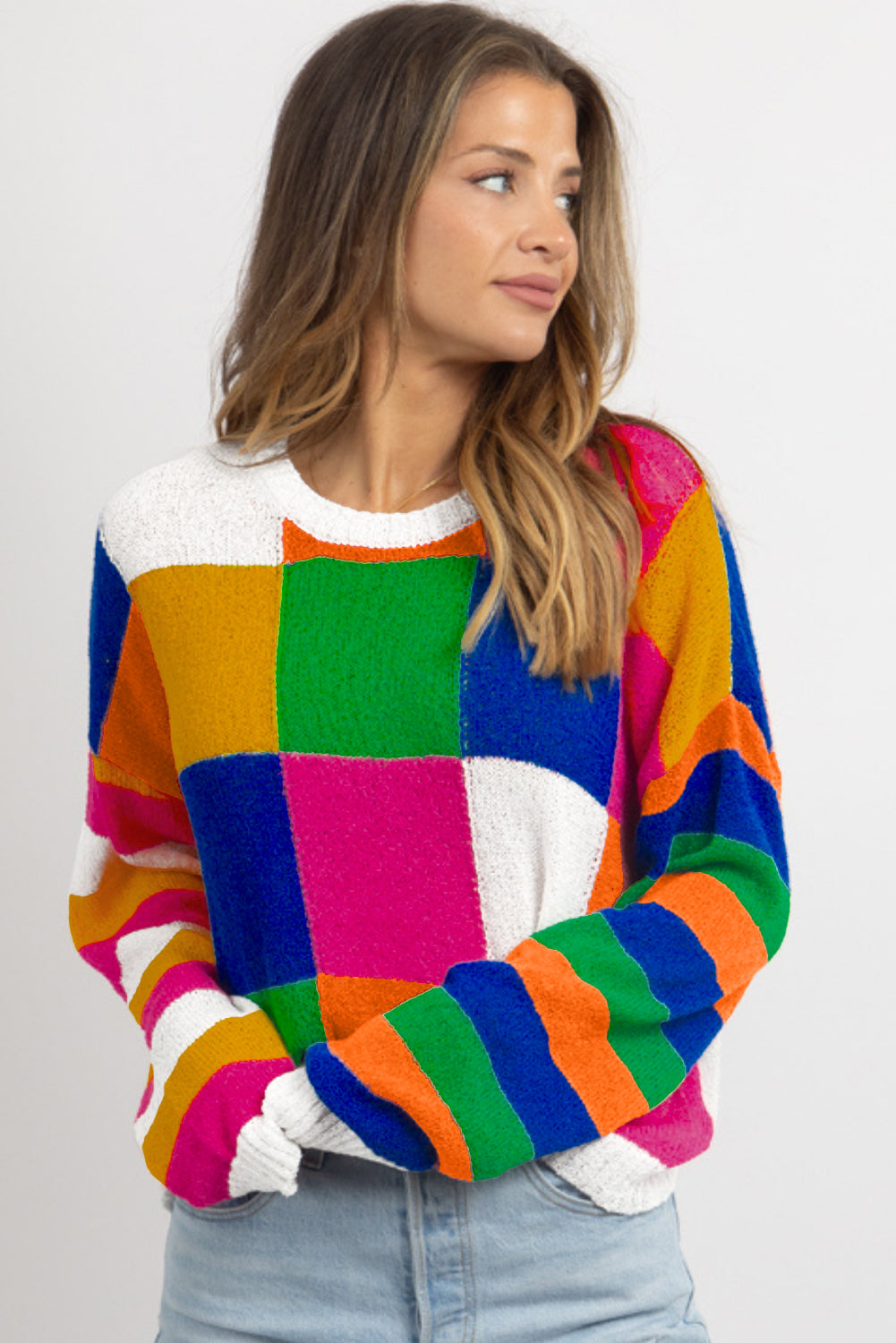 Orange Checkered Color Block Round Neck Loose Sweater 275f73895300b427
