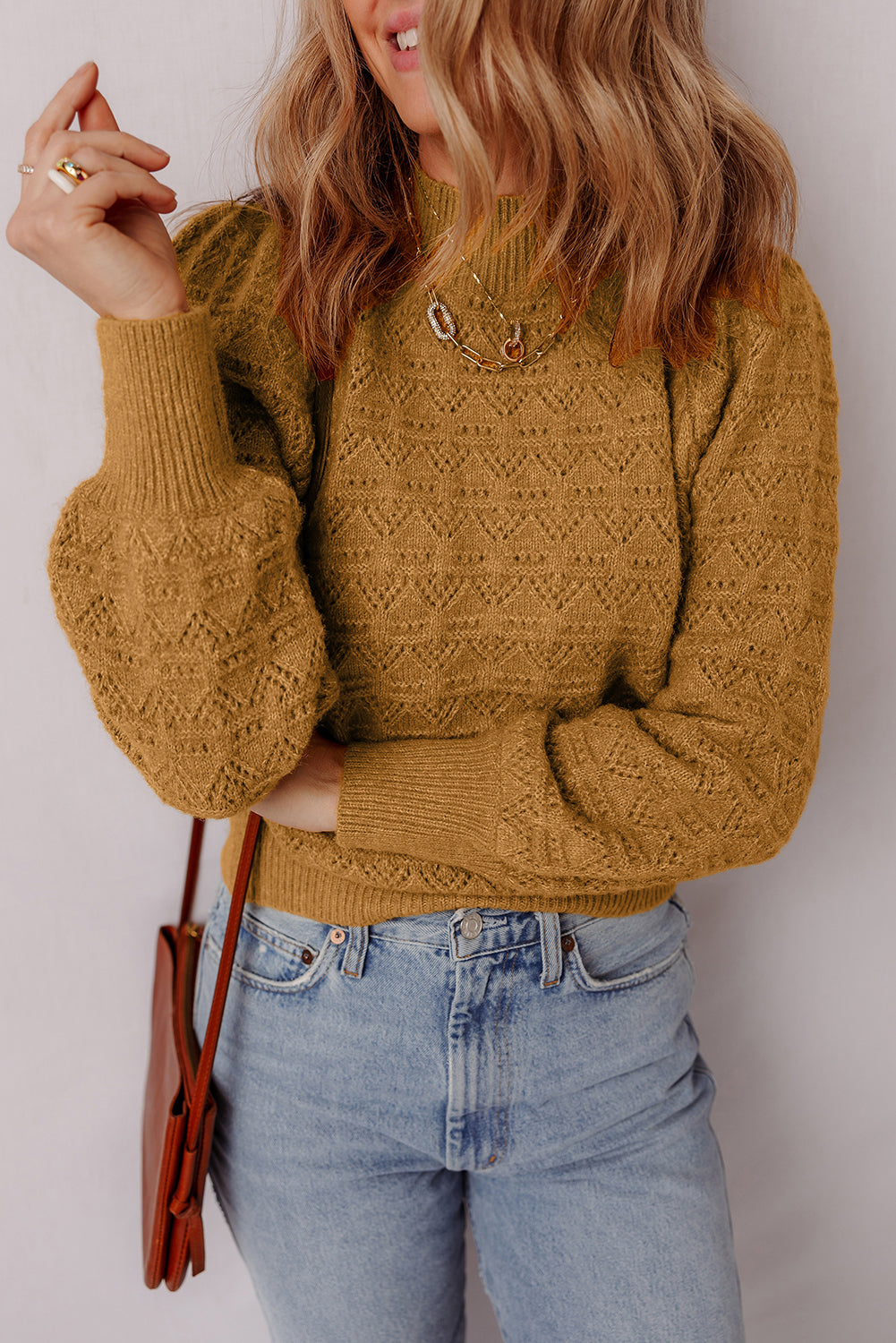Jurassic Gold Hollow Out Crochet Ribbed Edge Balloon Sleeve Sweater 2764f8f2a69afced