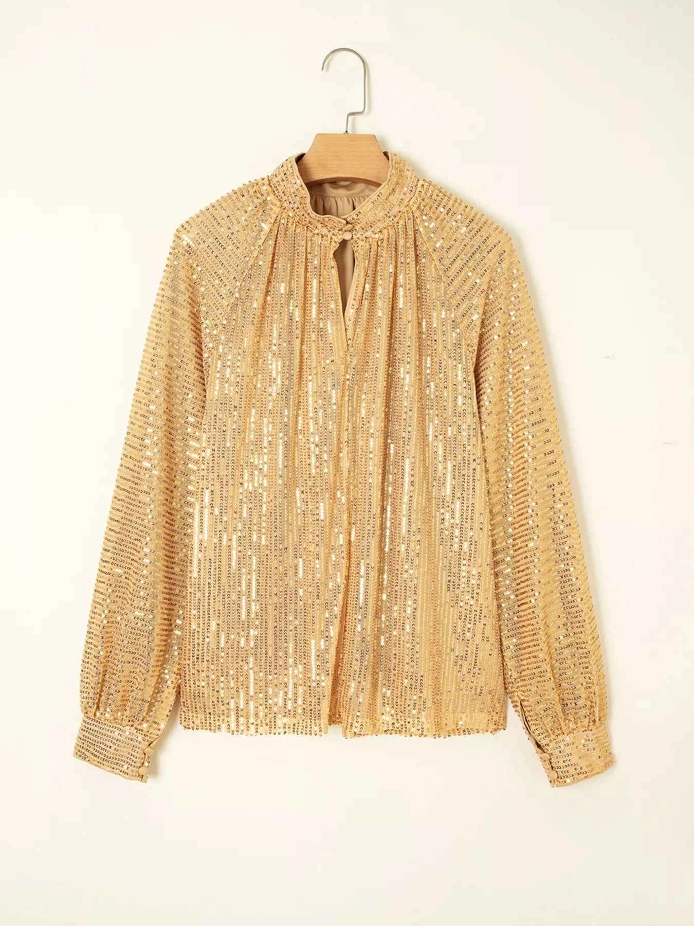 Metallic Balloon Sleeve Buttoned High Neck Loose Blouse 27669b3388294e1bae317b81fbd5e59a-Max-Origin