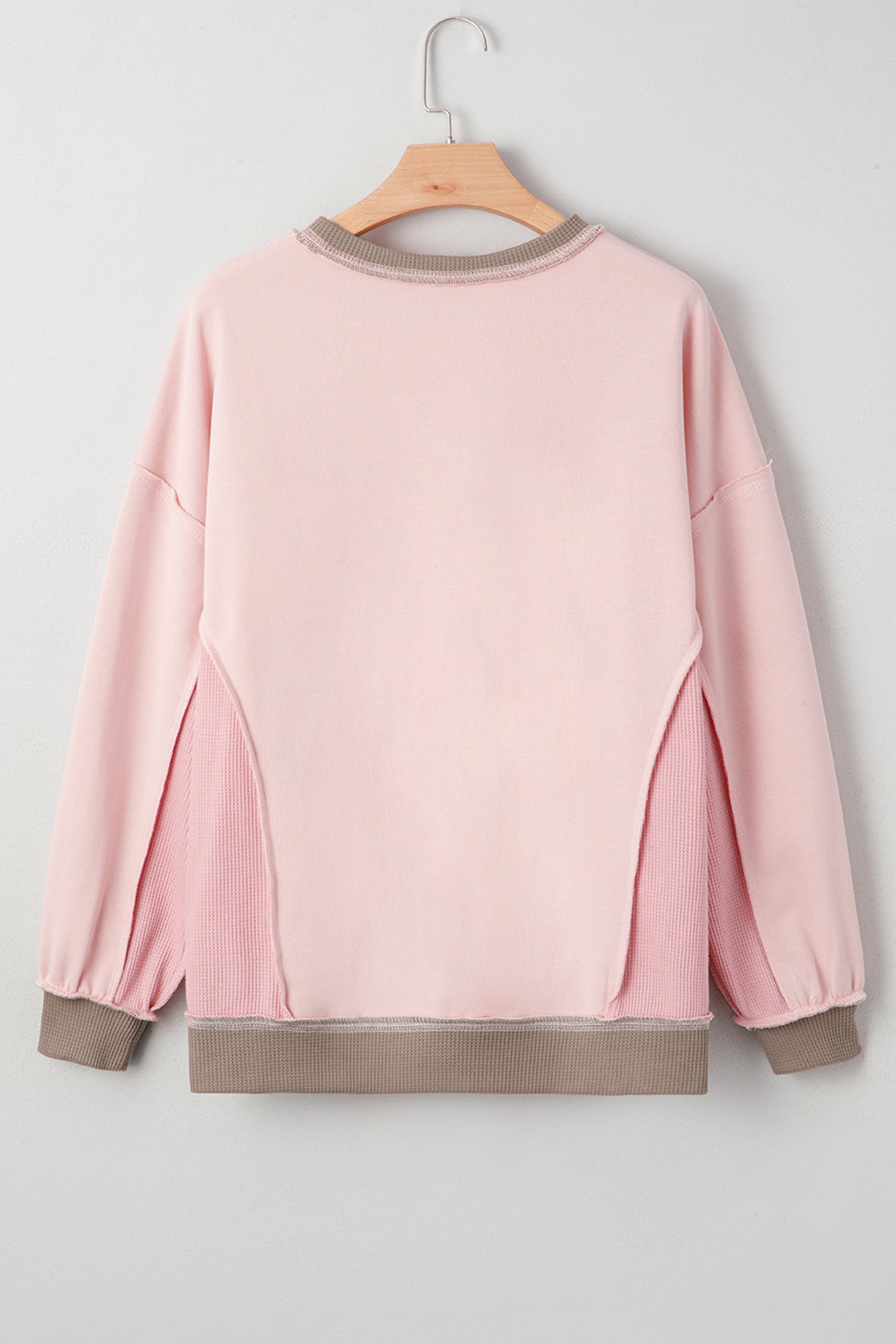 Light Pink Heart Bow Embroidered Exposed Seam Color Block Waffled Patchwork Sweatshirt 276901e35e59f91a