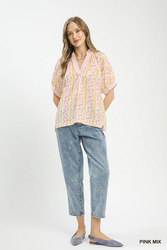 Mix Print Boho Blouse with Contrast Trim 277646e9-a1a3-4ed5-ab19-d759c2e8963f-Max