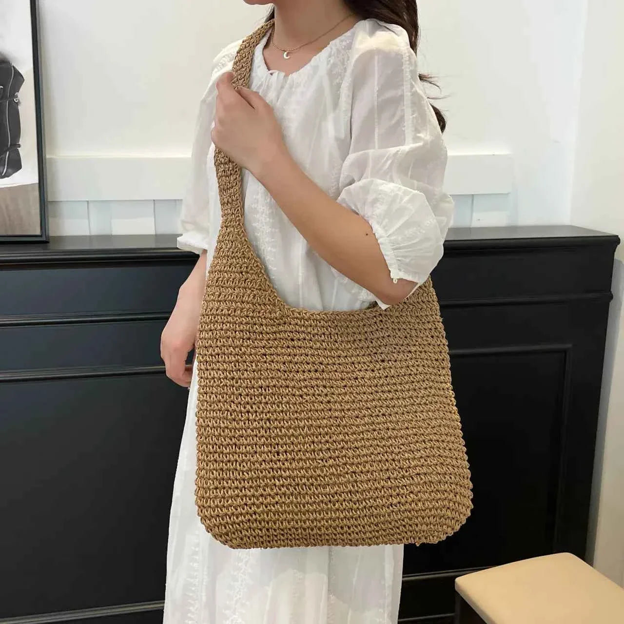 Woven Straw Hobo Shoulder Bag Khaki onesize 27777bf494ae49f696ff65d6babd5fa8-Max-Origin